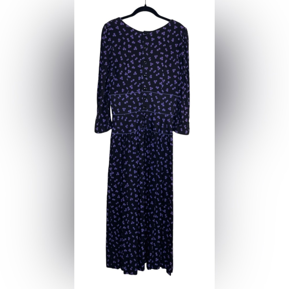 Vintage Maxi Dark Floral Dress 80s 90s Black Purple Flowers Bows SZ Medium